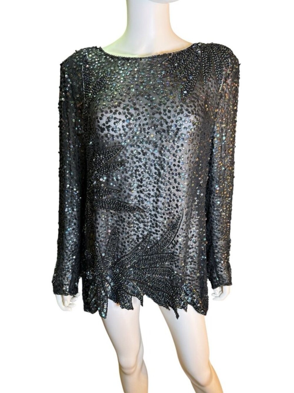 Jovani  Womens Silk Beaded Sequin Sheer Long Sleeve Assymetric Hem Black Top 14